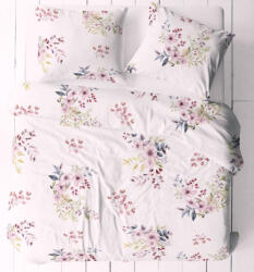  5 részes dupla ágynemű huzat szett - 200x220 cm / fehér alapon mályva virág - kék levél motívumokkal
