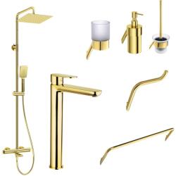 Deante Set coloana de dus si baterie lavoar inalta Deante Alpinia cu accesorii Deante Silia, auriu lucios (C26834)