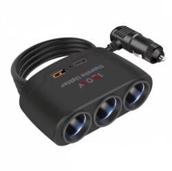  120W Autós Szivargyújtó Elosztó és USB Töltő - 3 aljzat + 2 USB port