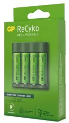 GP Batteries RECYKO akkutöltő LED jelzés, 4xAA/AAA elem kompatibilis + 4db 2100mAh AAA elem, SÖTÉTZÖLD B421 (B421)