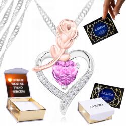 Larezo Ezüst nyaklánc 925 Rózsaszín szív aranyozott rózsával és cirkóniákkal Nyomtatás (srebrny łańcuszek z zawieszka wisiorek sm0711)