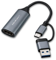 Qoltec Kép Rögzítő Kártya | USB-C USB-A Adapter | HDMI | 4K 30Hz | Alumínium (53789)