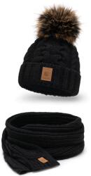 PaMaMi Női téli szett, sál, sapka, Pamami fekete, Lengyel Vastag, elegáns (komplet damski Pamami 20518+20603)