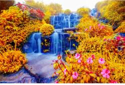 MÉDIA Öntapadó és mosható fali tapéta Cascada51 Vízesés a kertben őszi virágokkal, 250 x 150 cm (FOTOTAP7993)