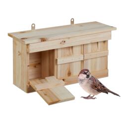 Relaxdays Cuib, casuta lemn natur 3 camere, pentru vrăbiute (10111240)