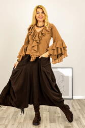 SHOPIKA Bluza cu volane duble la maneci si jabou din bumbac fin si batist camel Talie unica