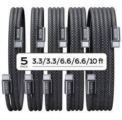 Lisen Cablu Date si Incarcare USB-C - USB-C Lisen YL0123070010, 60W, 2 x 1m, 2 x 2m, 1 x 3m, Set 5 bucati, Negru