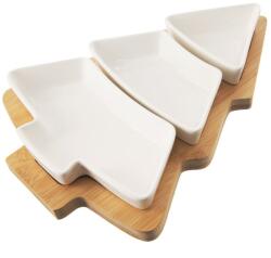 Orion 3 darabos fehér porcelán tál készlet, fenyőfa alakú bambusz tálcán, 28x20x4 cm, előételekhez (129203)