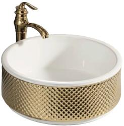  Kerámia mosdókagyló NEXTLY pultra szerelhető, belül fényes fehér, kívül fényes arany mintás, prémium kivitelben, szaniter kerámia, kerek, 43x43x16cm, fehér-arany, fehér-arany