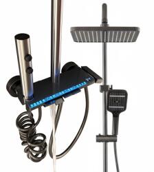  NEXTLY zuhanyoszlop, környezeti megvilágítás, digitális hőmérséklet kijelző, zuhanyzár, zuhanyfej 20x30cm, oldalsó zuhanyzár, elemes vízeséses csaptelep, kihúzható 75-110cm, sötétszürke színben