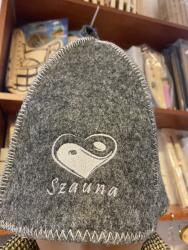 Sauna Cool Szürke filc szaunasapka Szauna felirattal, jin-jang szívecskével