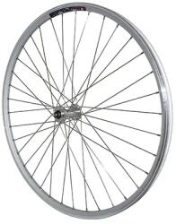 VELOX trekking kerékpár kerék 700x35 első M240, alumínium megerősített, Miche Magnum agy ezüst, gyorskioldó, bérléshez ajánlott (duplafalú perem fűzőszemekkel + rozsdamentes küllők) VELOX Bicikli alkatrésze