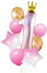 IDei Kit aranjament baloane Princess, stelute si Cifra 1, folie metalizata, roz (BSM063267)