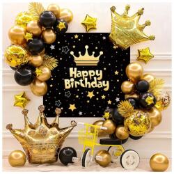 Procart Kit aranjamente baloane Happy Birthday, fundal, baloane latex si folie aluminiu, negru auriu (639961)