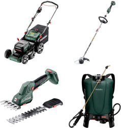 Metabo Pachet Masina de gazon METABO RM36-18 LTX BL46 cu 2 acumulatori LiPower 18V 5.2 Ah si 1 incarcator DUO ASC145 Air Cooled + Trimmer METABO RTD 18 LTX BL30 + Foarfeca pentru iarba si arbusti METABO SGS1 Pulverizator