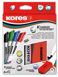 Kores Tábla- és flipchart marker készlet mágneses táblatörlő szivaccsal, 3-5 mm, vágott "XW2", 4 különböző szín (IK20865)