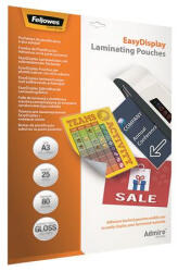 Fellowes Meleglamináló fólia, 80 mikron, A3, fényes, öntapadó, 25 db "Admire Easy Display
