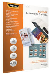 Fellowes Meleglamináló fólia, 80 mikron, A3, fényes, előrehajtott, 25 db "Admire Easyfold