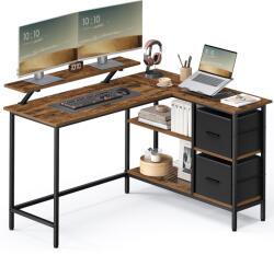 VASAGLE L-alakú íróasztal 2 tágas fiókkal, állítható tárolópolccal, 105x135x89, 5 cm, rusztikus barna (LWD098B01)