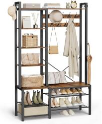 VASAGLE Előszobafal cipőpaddal, 9 akasztóval, 6 oldalsó kampóval és 5 tárolópolccal, 120 x 40 x 190 cm, rusztikus barna és tintafekete (HSR426KD01) - vasbutor