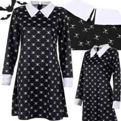 Verk Group Costum de copii Wednesday Addams - rochie neagră cu mâneci lungi și guler alb, pentru Halloween și carnaval, 135-145 cm (26119_XL) Costum bal mascat copii