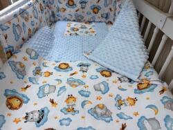  3 részes pamut/minky baba ágynemű szett - Kék felhős állatok