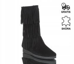 J. Wolski Fekete Bőr Csizma Boho Rojtokkal 36-OS (588-CZARNY)