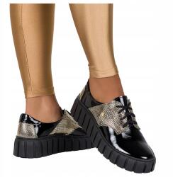 Casu Női Bőr Tornacipő Fekete Creepers Lakkozott Fűzött Divatos 38-as (10128/C)