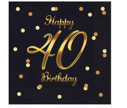  Happy Birthday 40 B&C Gold szalvéta 20 db-os 33x33 cm (MLG165234)