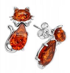  Cica fülbevaló macskák természetes balti borostyán ajándék Stift Ezüst (CzarBursztynu 1e37)