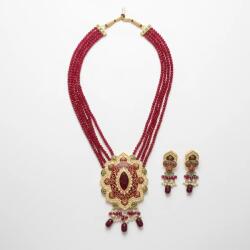  Indiai vörös, gravírozott, gyöngyös nyaklánc Meenakari medállal