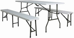 MESTERINO Set masa pliabila 4 persoane din otel cu HDPE 180x70x74 cm + doua banci pliabile din otel si HDPE 183x28x43cm, MESTERINO FURNITURE KJC2061-SET, culoare alba (MES-KJC2061-SET)