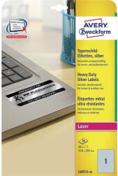 AVERY Etikett címke, 210 x297mm, ipari poliészter, 1 címke/ív, 20 ív/doboz, Avery ezüst - papirx
