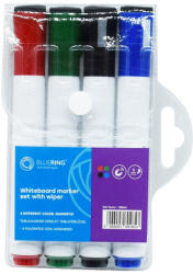 BLUERING Táblamarker készlet, 3mm, mágneses, törlővel multifunkciós kerek Bluering®, 4 klf. szín - papirx