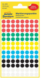 AVERY Etikett címke, o8mm, jelölésre, 6 klf. szín 104 címke/ív, 4 ív/doboz, Avery vegyes - papirx