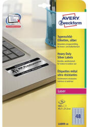 AVERY Etikett címke, 45, 7 x21, 2mm, ipari poliészter, 48 címke/ív, 20 ív/doboz, Avery ezüst - papirx
