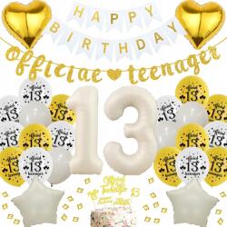  Dekoráció Szett 13 Születésnap Fehér-Arany Lufik Banner Konfetti Torta