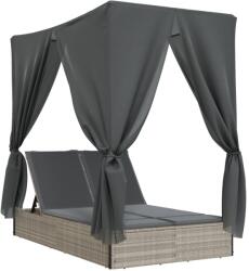 vidaXL világosszürke polyrattan dupla napozóágy tetővel és függönnyel (368077) (368077)