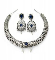  Ékszerszett: Choker nyaklánc és fülbevaló, kék zafír, oxidált, boho stílus