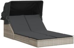 vidaXL világosszürke polyrattan dupla napozóágy tetővel és párnával (368642) (368642)