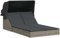 vidaXL szürke polyrattan dupla napozóágy tetővel és párnával (368639) (368639)