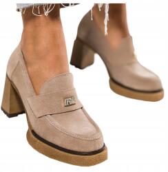 Casu Bézs Bőr Női Lakk Cipő Divatos Arany Díszítéssel Széles Tömb Sarokkal r 39 (7084040000391)