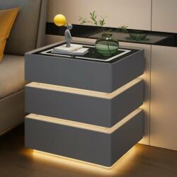 FOXMAG24 Multifunkciós okos éjjeliszekrény, 3 fiókkal, érintős LED-ekkel, vezeték nélküli töltéssel, Bluetooth hangszóróval, USB töltés, edzett üveg, méret 50x40x72, szürke