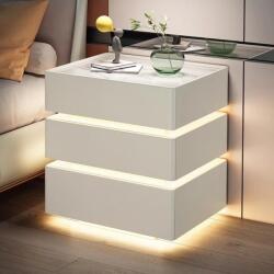 FOXMAG24 Multifunkcionális intelligens éjjeliszekrény, 3 fiók, érintőképernyős LED-ek, vezeték nélküli töltés, Bluetooth hangszóró, USB töltés, biztonsági üveg, méret 50x40x72, piszkosfehér