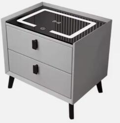 FOXMAG24 Multifunkciós intelligens éjjeliszekrény, 2 fiók, érintéses LED-ek, vezeték nélküli töltés, Bluetooth hangszóró, USB töltés, biztonsági üveg, méret 50X40X45, szürke