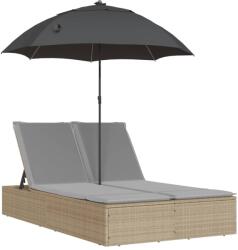 vidaXL bézs polyrattan dupla napozóágy párnákkal és napernyővel (368084) (368084)