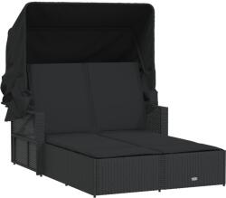 vidaXL fekete polyrattan dupla napozóágy tetővel és párnával (365807) (365807)
