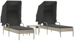 vidaXL 2 db világosszürke polyrattan napozóágy tetővel és asztallal (3261574) (3261574)