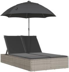 vidaXL szürke polyrattan dupla napozóágy párnákkal és napernyővel (368086) (368086)