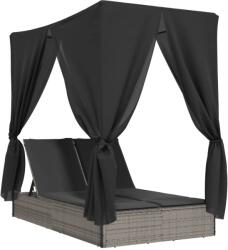 vidaXL szürke polyrattan dupla napozóágy tetővel és függönyökkel (368074) (368074)